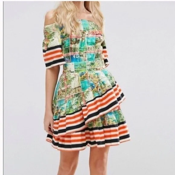 ASOS Off Shoulder Dress In Postcard And Stripe Print - Picture 8 of 16